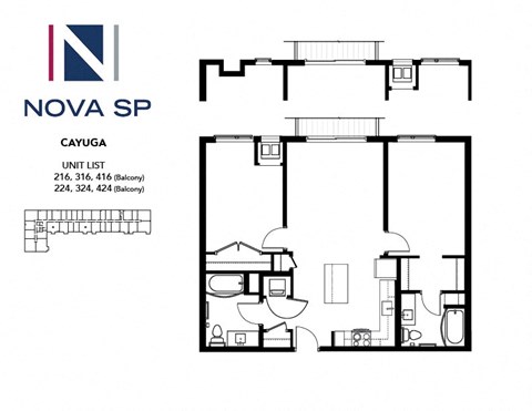 A floor plan for a Nova SP Cayuga unit, including a kitchen, living room, and bathroom.